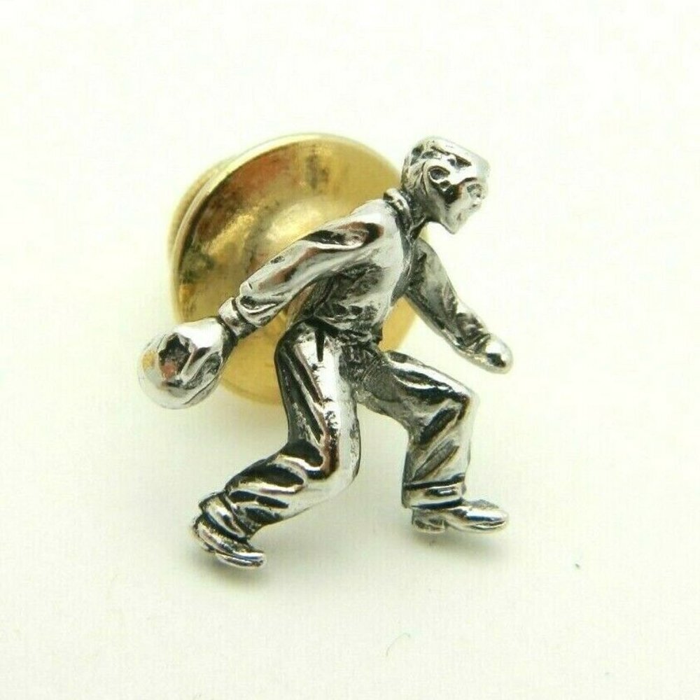Silver Tone Bowler Bowling Vintage Tie Tack